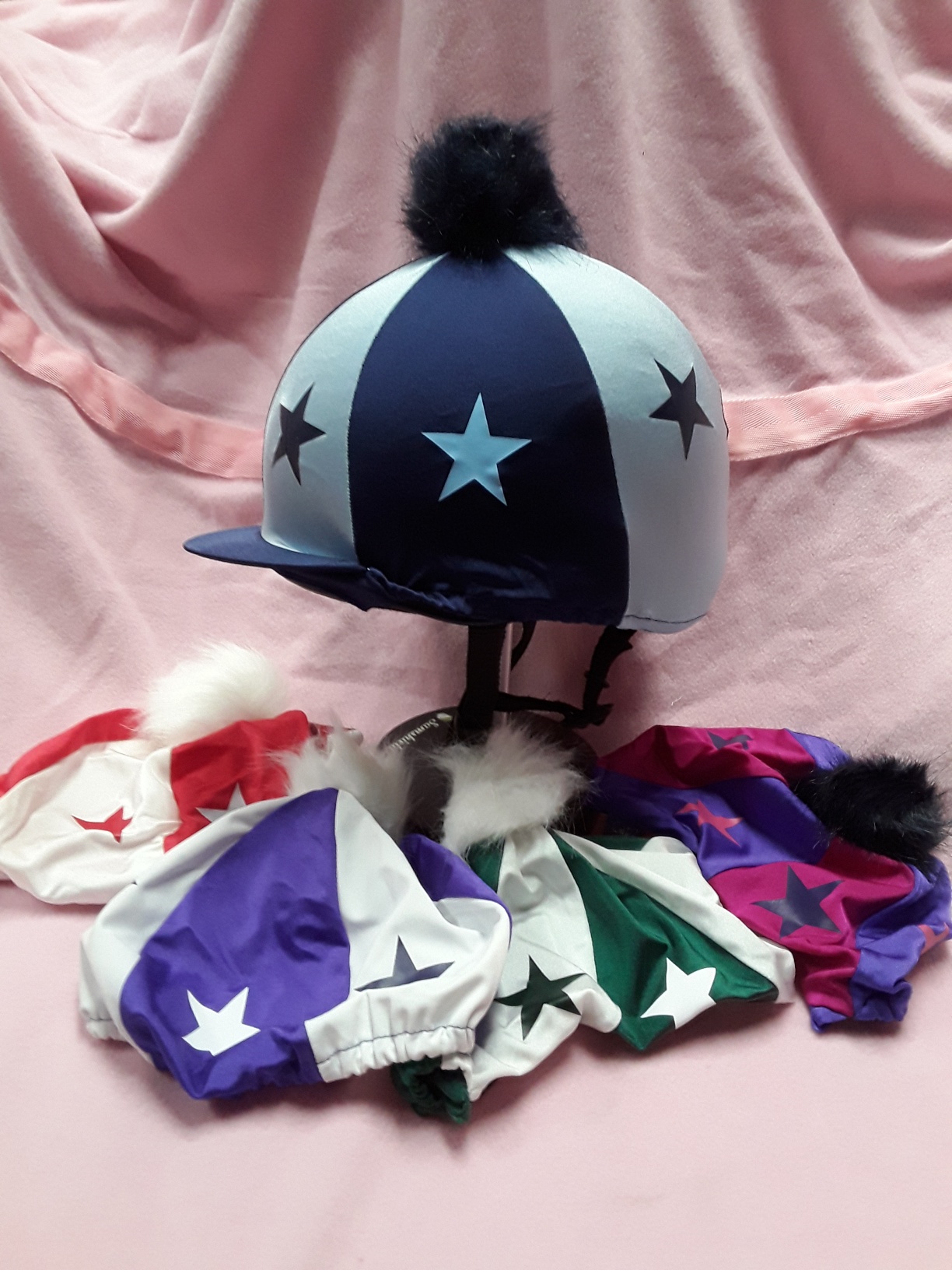 Lycra Quatred Cap Covers with Stars & Faux Fur Pom